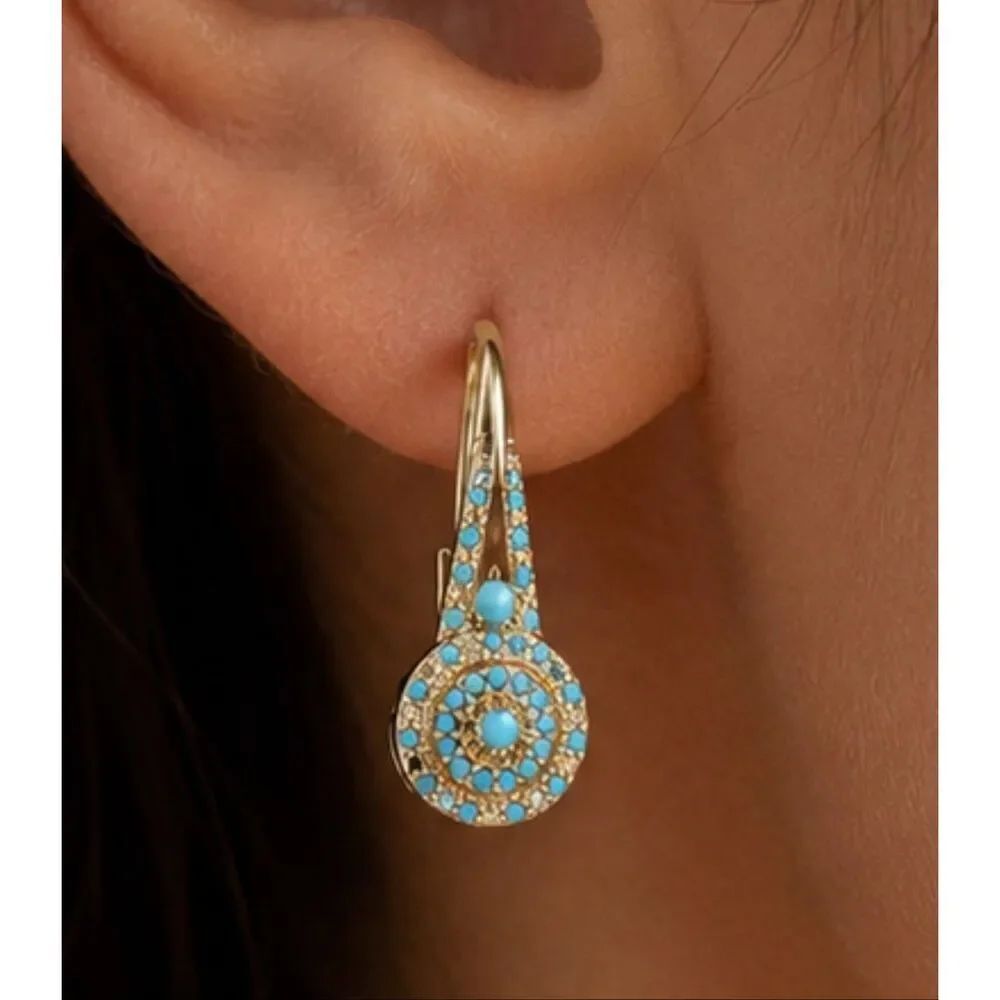 Anthropologie Goldenite Turquoise Blue Crystal Halo Drop Earrings Gold Tone NWOT